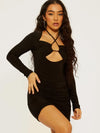 Black Criss Cross Neck Slinky Bodycon Dress with Cut out Detail