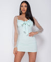 Mint Tie Up Detail Long Sheer Sleeve Bodycon Mini Dress