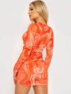 Orange Marble Print Long Sleeves Ribbed Ruched Dress