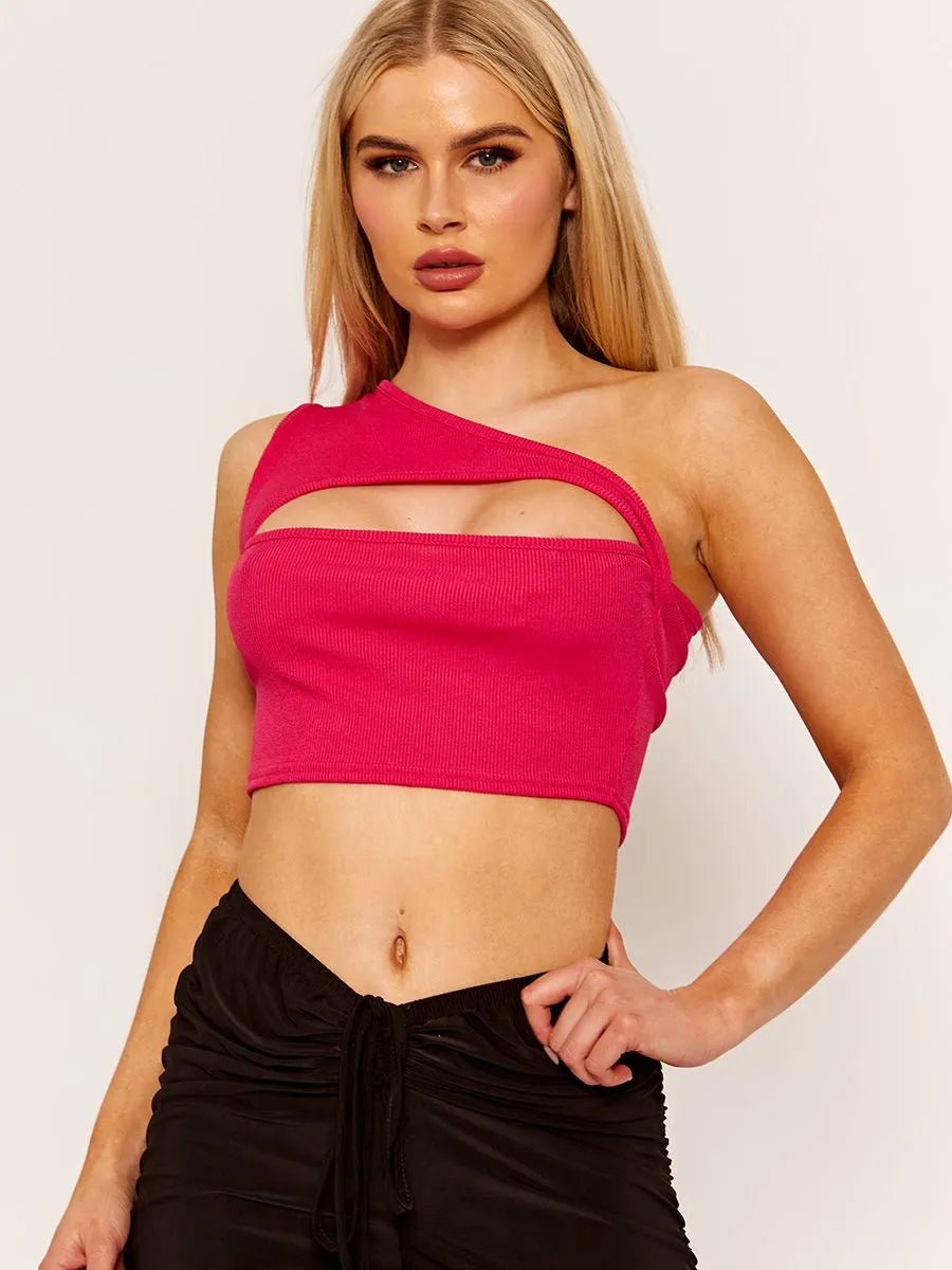 Fuchsia One Shoulder Cut Out Front Ribbed Crop Top | Uniquely Sophia's