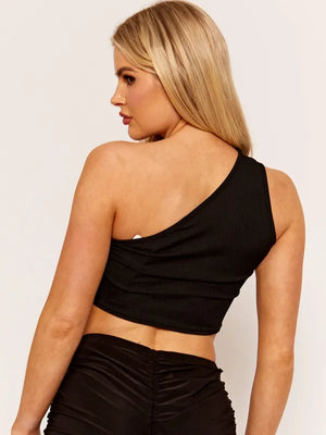 black One Shoulder Cut Out Front Ribbed Crop Top