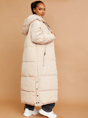 Longline Quilted Hooded Coat with Button Detail