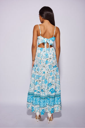 White Blue Floral Cami Strap Tiered Maxi Dress