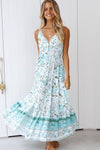 White Blue Floral Cami Strap Tiered Maxi Dress