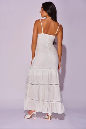 White Crochet Trim Tiered Tie Front Maxi Dress | Uniquely Sophia's