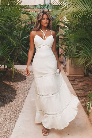 White Crochet Trim Tiered Tie Front Maxi Dress | Uniquely Sophia's