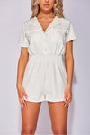 White Patch Pocket Shirred Waist Playsuit